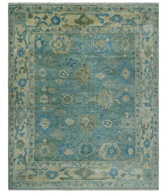 Green, Beige and Blue Hand knotted Traditional Oushak Multi Size Wool Area Rug.