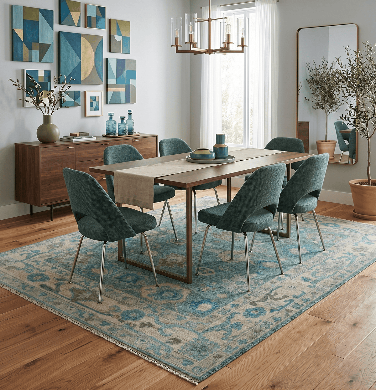 Green, Beige and Blue Hand knotted Traditional Oushak Multi Size Wool Area Rug.