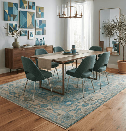 Green, Beige and Blue Hand knotted Traditional Oushak Multi Size Wool Area Rug.