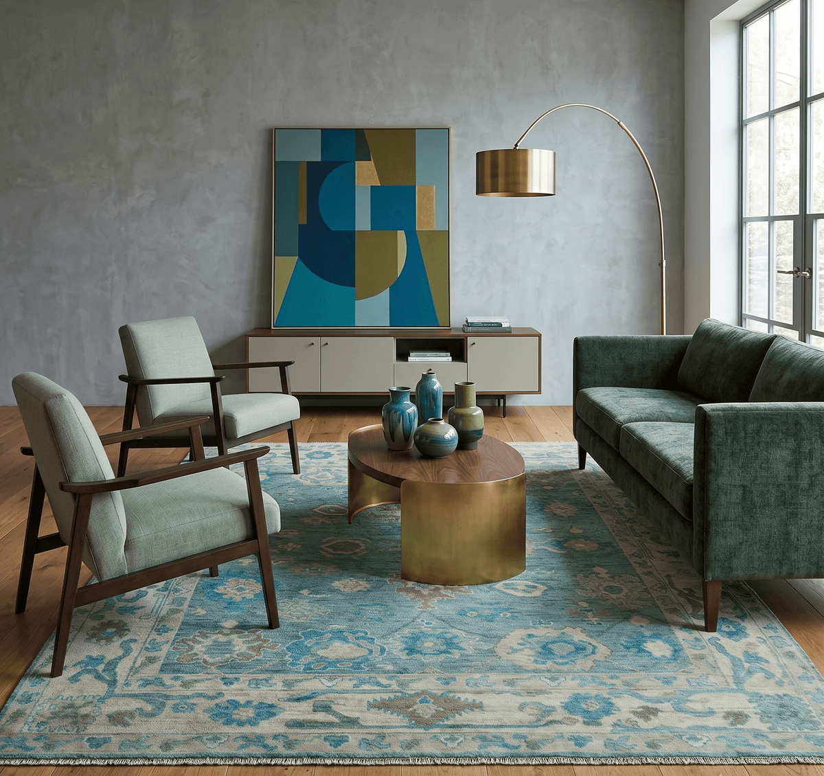 Green, Beige and Blue Hand knotted Traditional Oushak Multi Size Wool Area Rug.