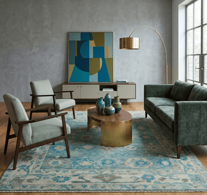 Green, Beige and Blue Hand knotted Traditional Oushak Multi Size Wool Area Rug.