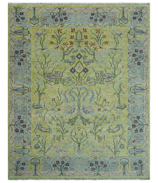 Green, Blue And Red Plant and Branches Hand Knotted Custom Made wool area rug.