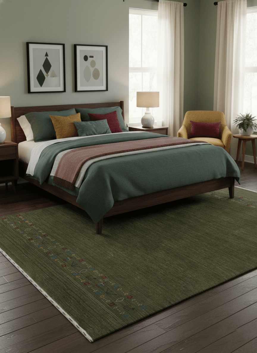 Green Contemporary Design Hand Loomed Wool Area Rug.