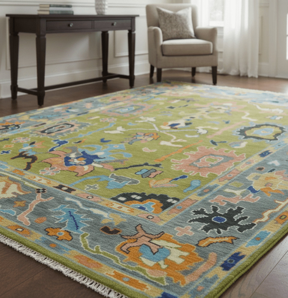 Custom Made Green, Gray and Peach Colorful Hand knotted Traditional Oushak wool Area Rug.
