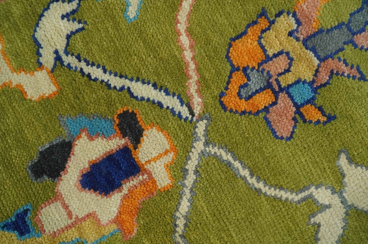 Green, Gray and Peach Vibrant Colorful Hand knotted Traditional Oushak 8x10 and 9x12 wool Area Rug.