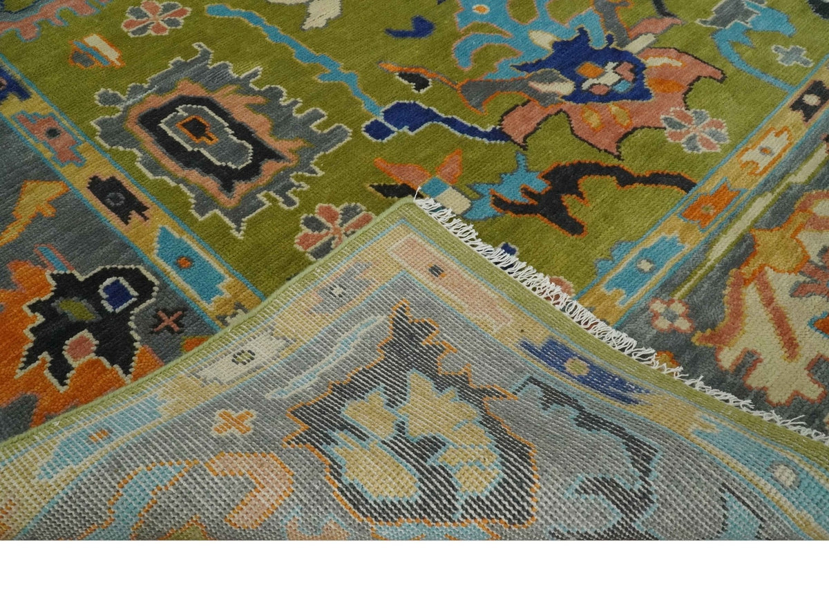 Green, Gray and Peach Vibrant Colorful Hand knotted Traditional Oushak 8x10 and 9x12 wool Area Rug.
