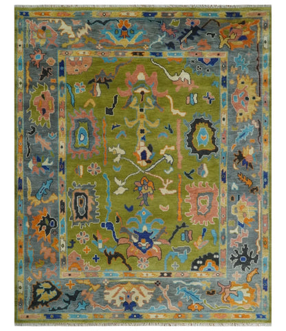 Green, Gray and Peach Vibrant Colorful Hand knotted Traditional Oushak 8x10 and 9x12 wool Area Rug.