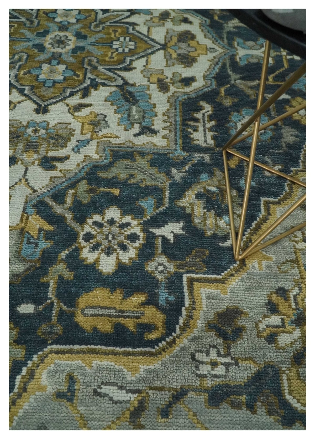 Ivory, Teal, and silver Hand Knotted Traditional Medallion Multi size wool Area Rug.
