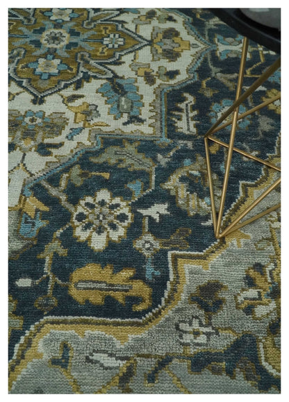 Ivory, Teal, and silver Hand Knotted Traditional Medallion Multi size wool Area Rug.