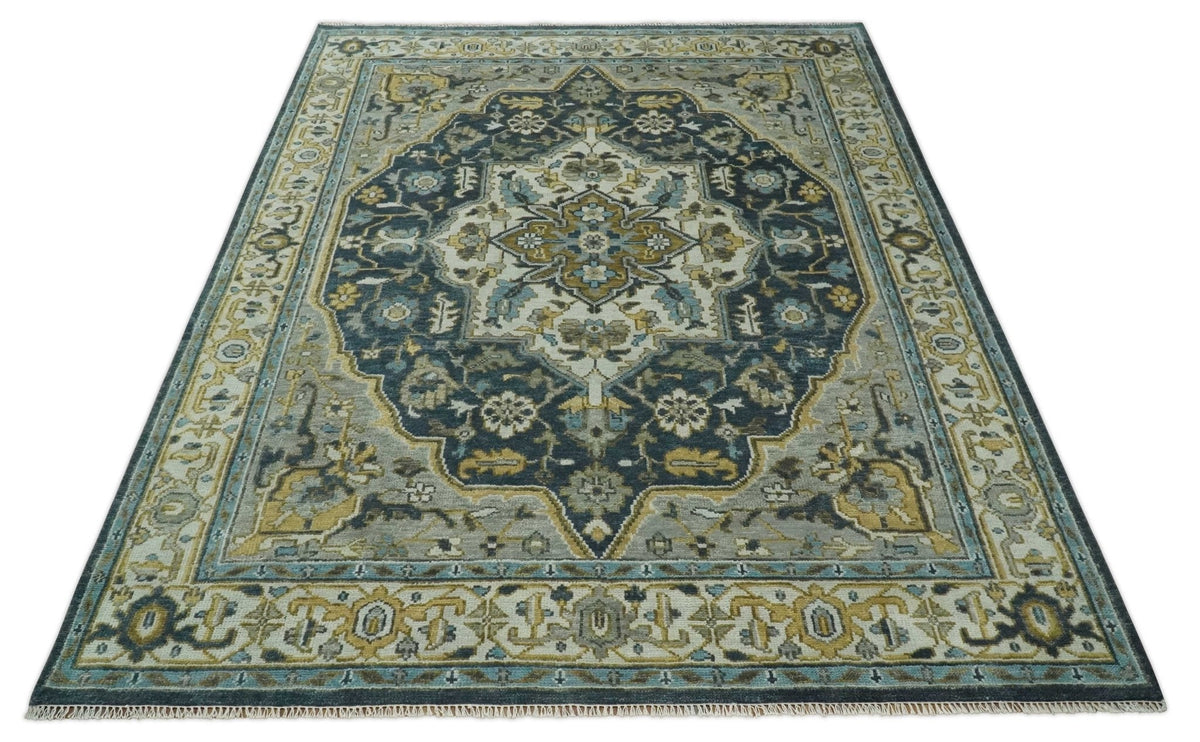 Ivory, Teal, and silver Hand Knotted Traditional Medallion Multi size wool Area Rug.