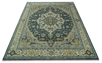 Ivory, Teal, and silver Hand Knotted Traditional Medallion Multi size wool Area Rug.