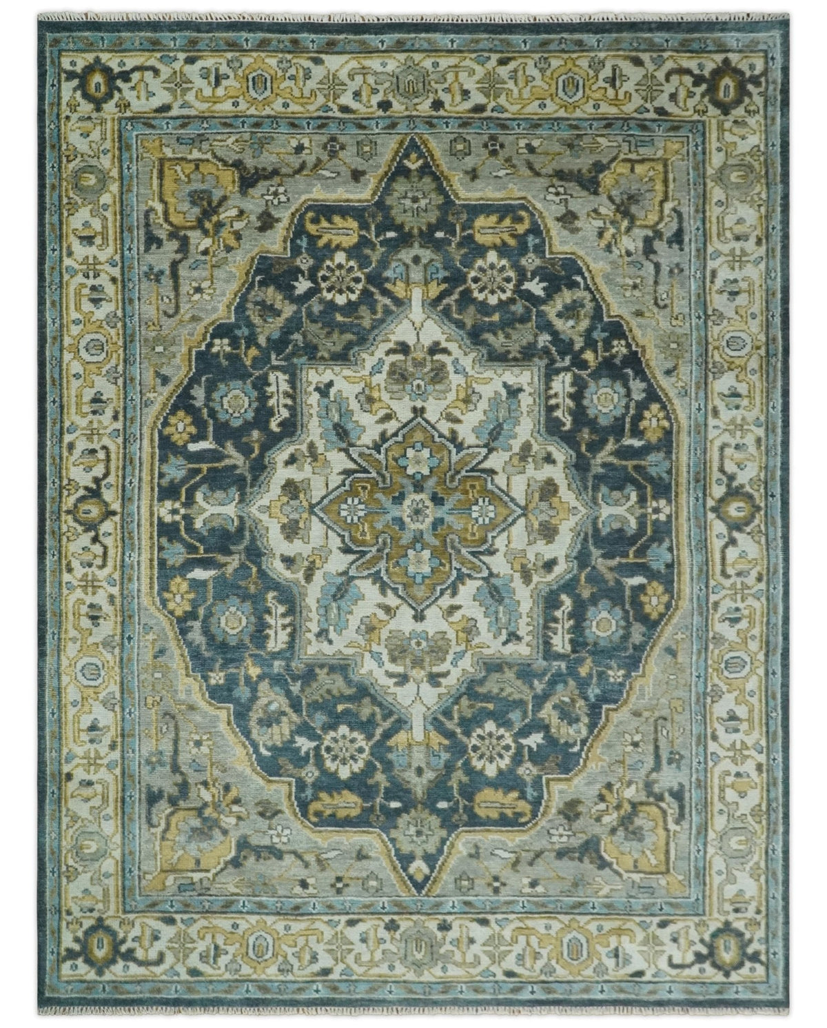 Ivory, Teal, and silver Hand Knotted Traditional Medallion Multi size wool Area Rug.