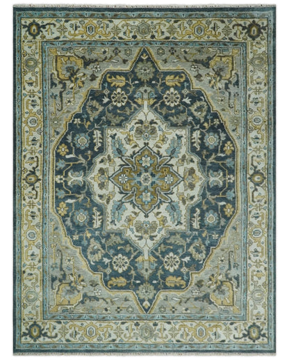 Ivory, Teal, and silver Hand Knotted Traditional Medallion Multi size wool Area Rug.