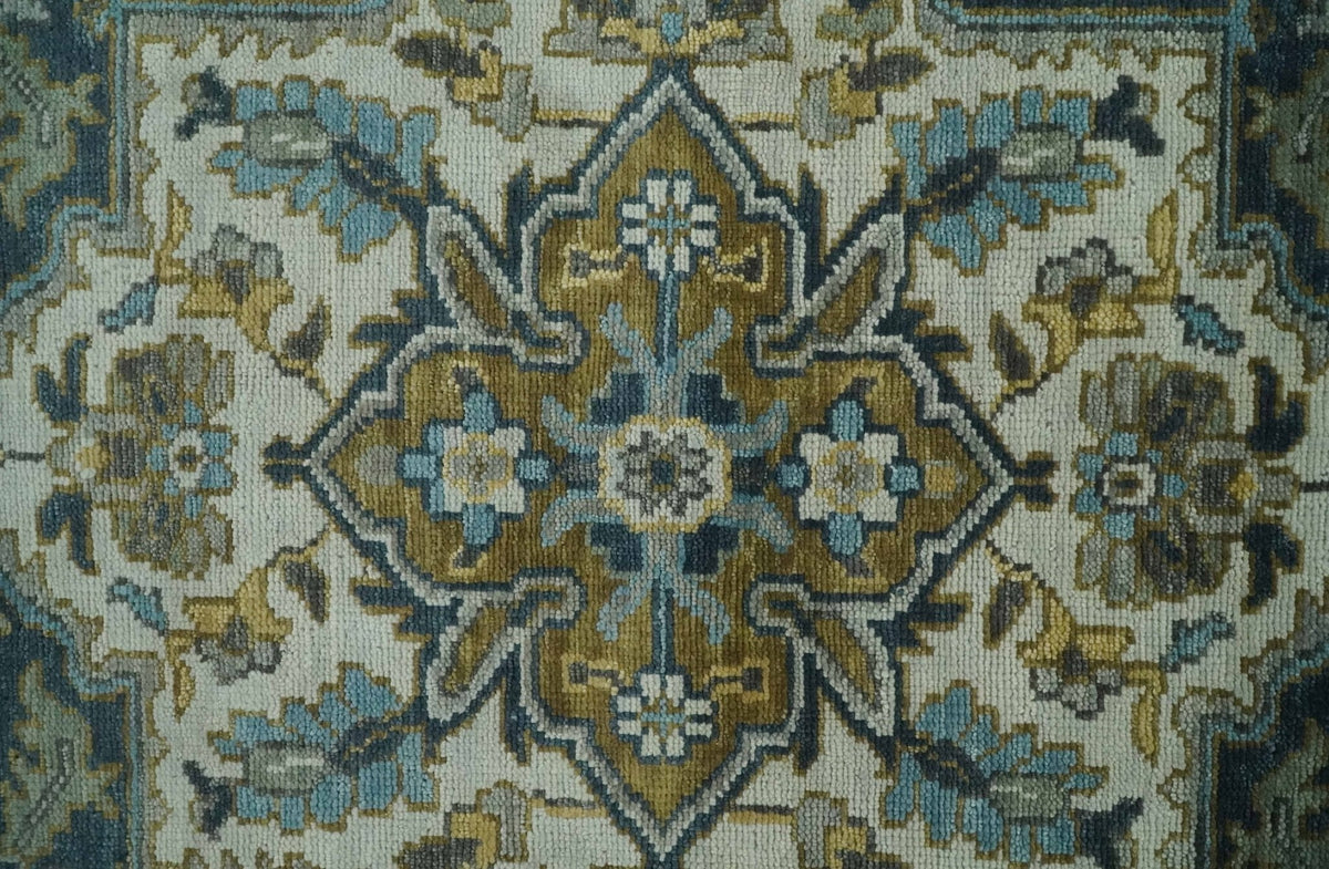 Ivory, Teal, and silver Hand Knotted Traditional Medallion Multi size wool Area Rug.