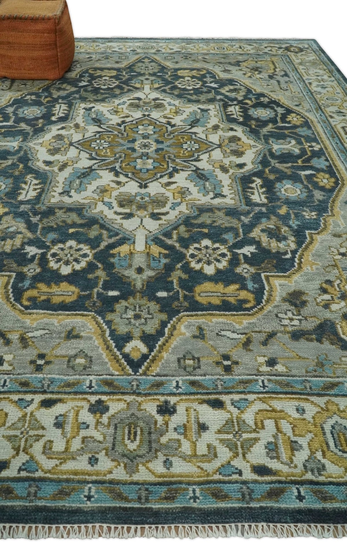 Ivory, Teal, and silver Hand Knotted Traditional Medallion Multi size wool Area Rug.