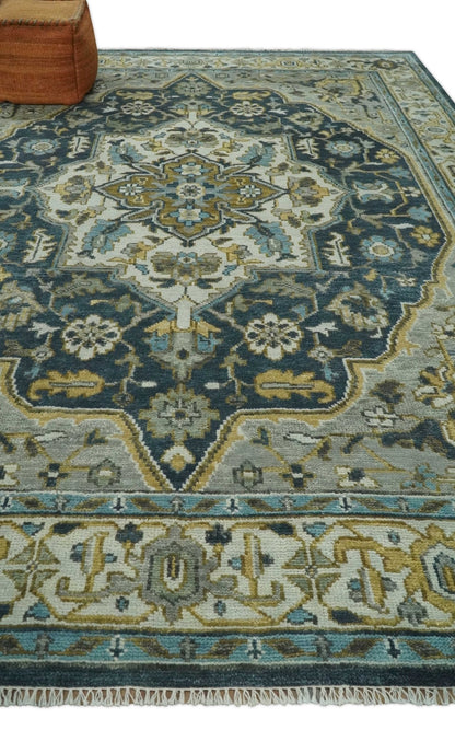 Ivory, Teal, and silver Hand Knotted Traditional Medallion Multi size wool Area Rug.