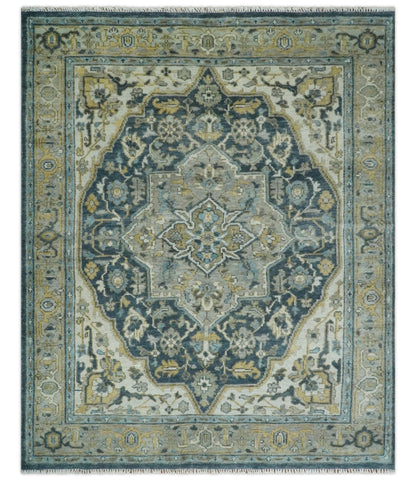 Ivory, Teal, and silver Hand Knotted Traditional Medallion Multi size wool Area Rug.