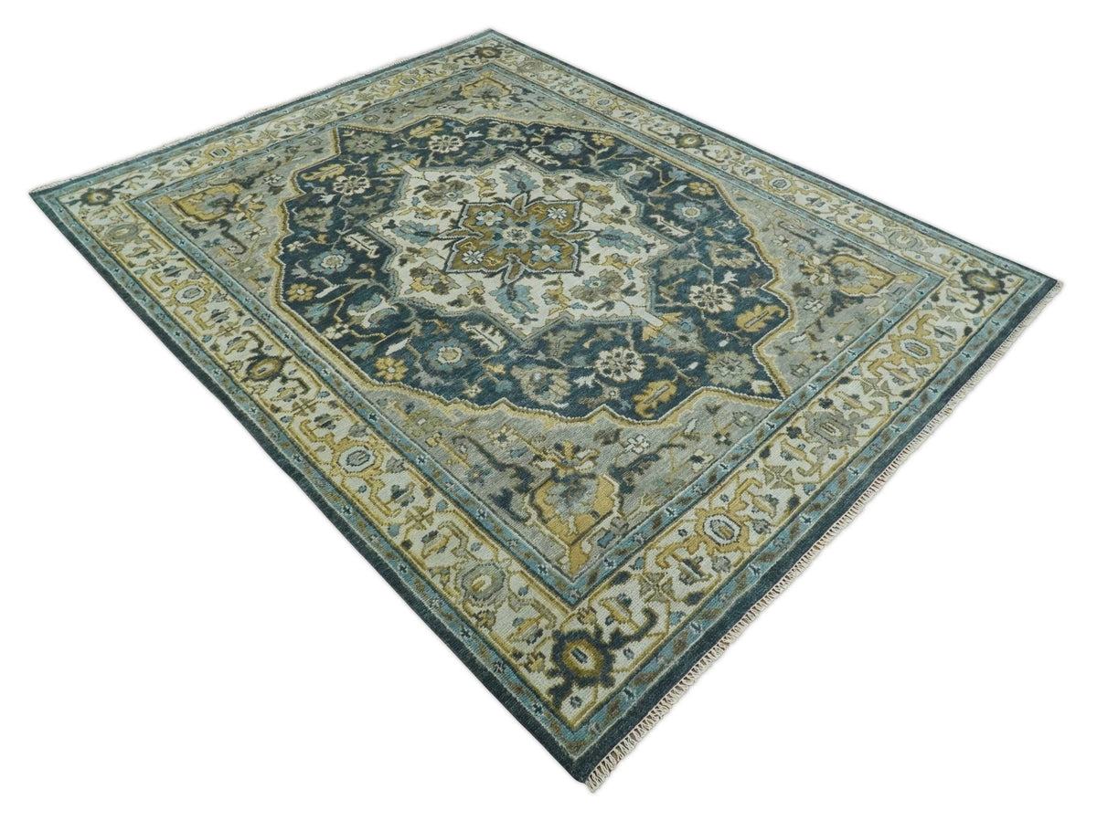 Ivory, Teal, and silver Hand Knotted Traditional Medallion Multi size wool Area Rug.