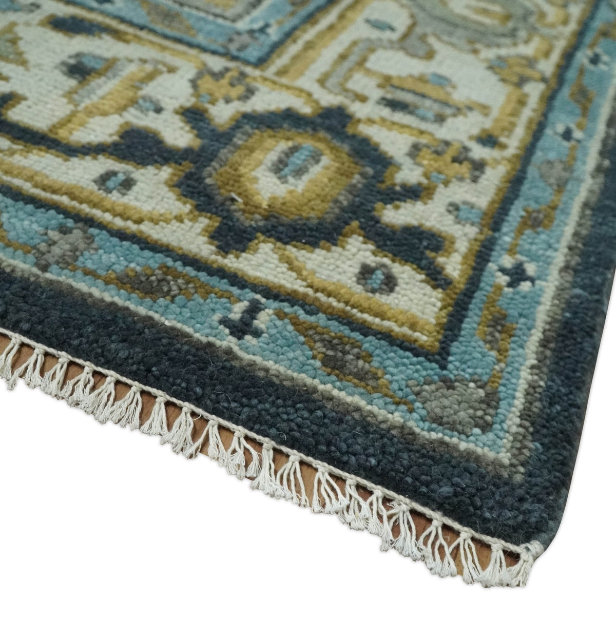 Ivory, Teal, and silver Hand Knotted Traditional Medallion Multi size wool Area Rug.