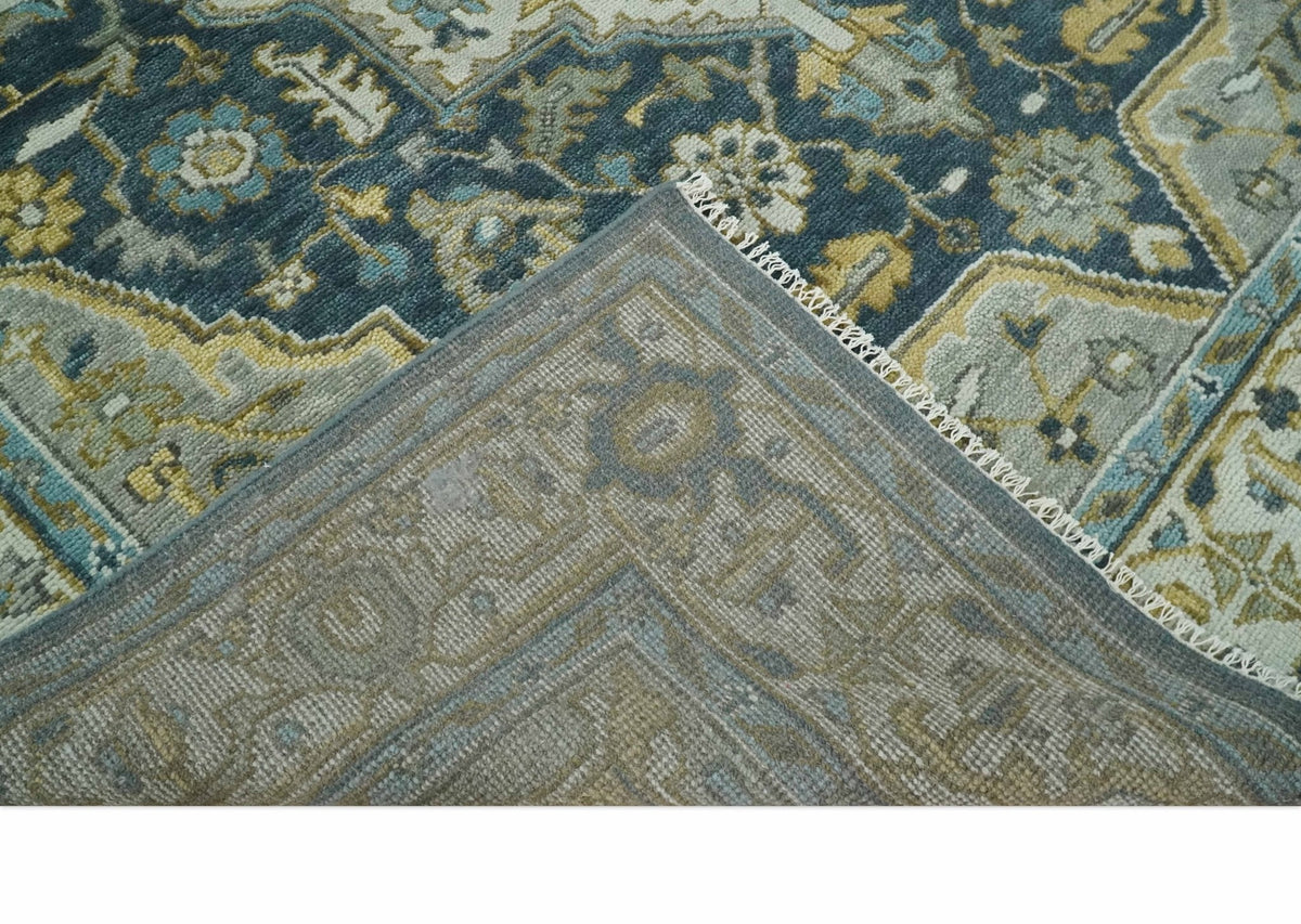 Ivory, Teal, and silver Hand Knotted Traditional Medallion Multi size wool Area Rug.