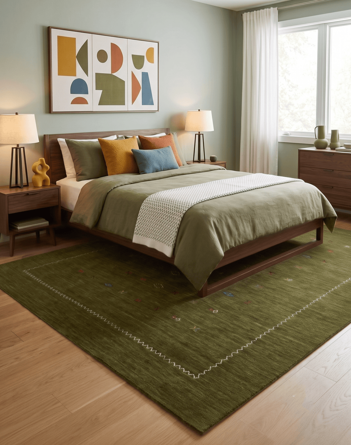Green Modern Design Hand Loomed Wool Area Rug.