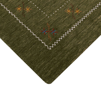 Green Modern Gabbeh Border Design Hand Loomed Wool Area Rug.