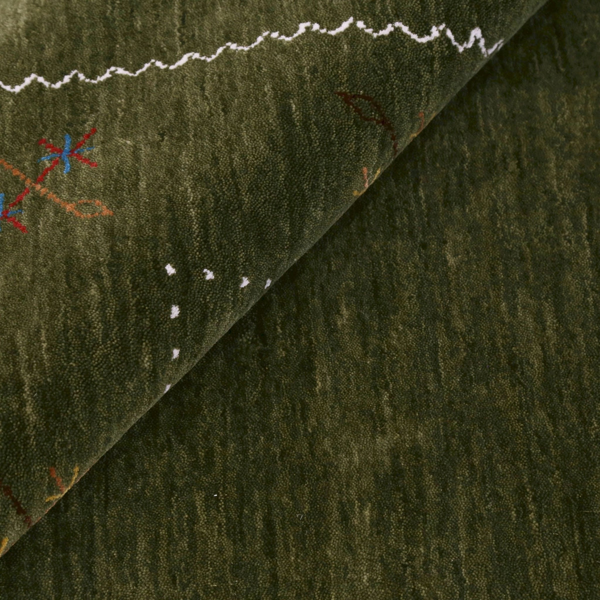 Green Modern Gabbeh Border Design Hand Loomed Wool Area Rug.