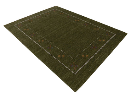 Green Modern Gabbeh Border Design Hand Loomed Wool Area Rug.