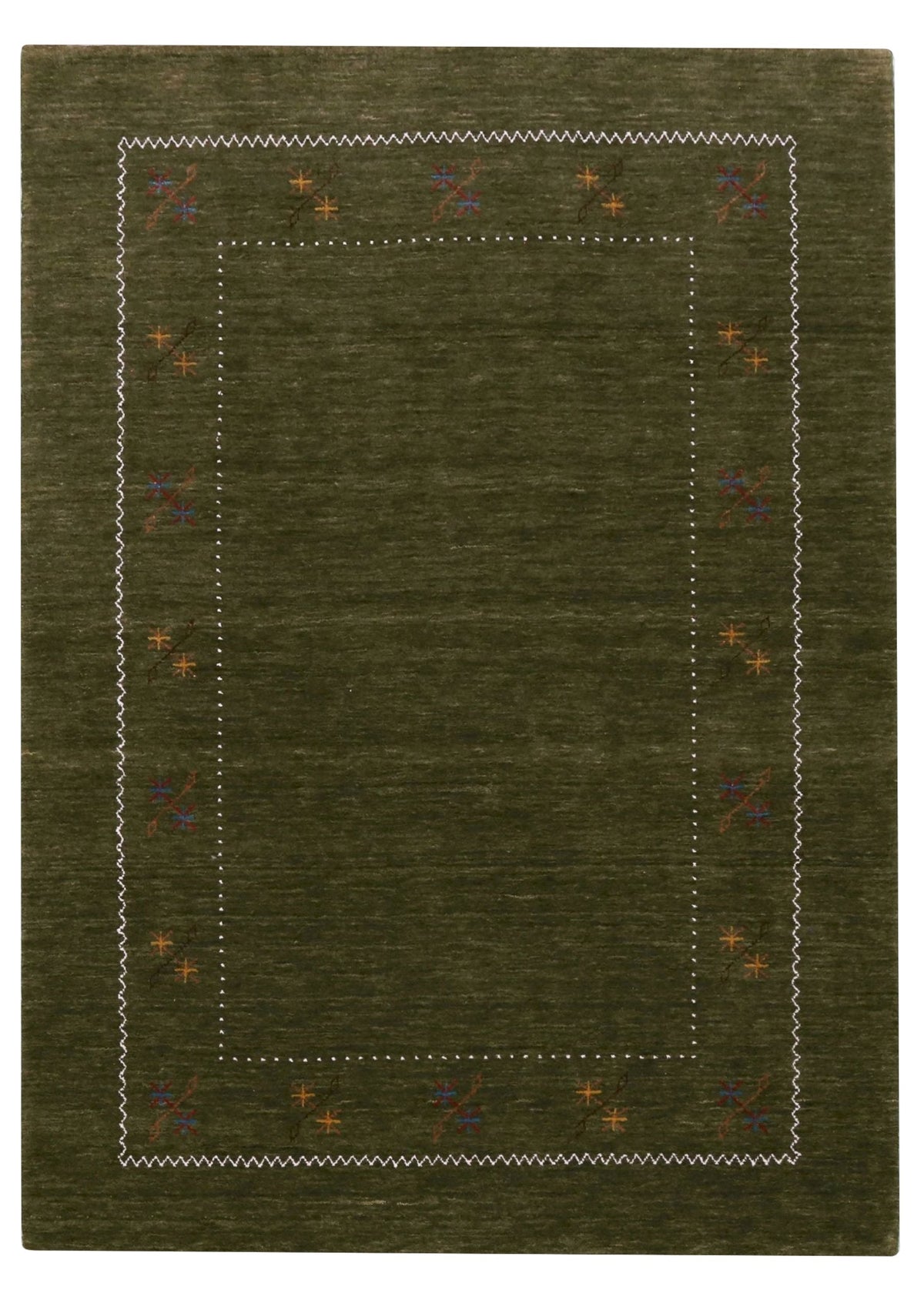 Green Modern Gabbeh Border Design Hand Loomed Wool Area Rug.