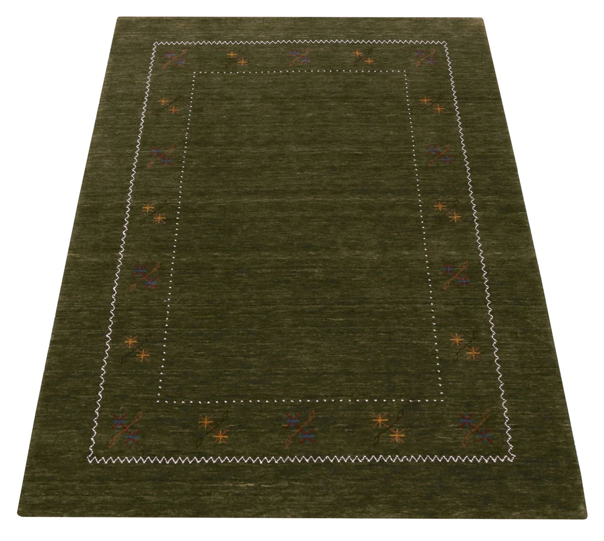 Green Modern Gabbeh Border Design Hand Loomed Wool Area Rug.