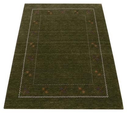 Green Modern Gabbeh Border Design Hand Loomed Wool Area Rug.