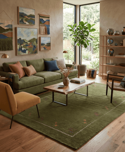 Green Modern Gabbeh Border Design Hand Loomed Wool Area Rug.