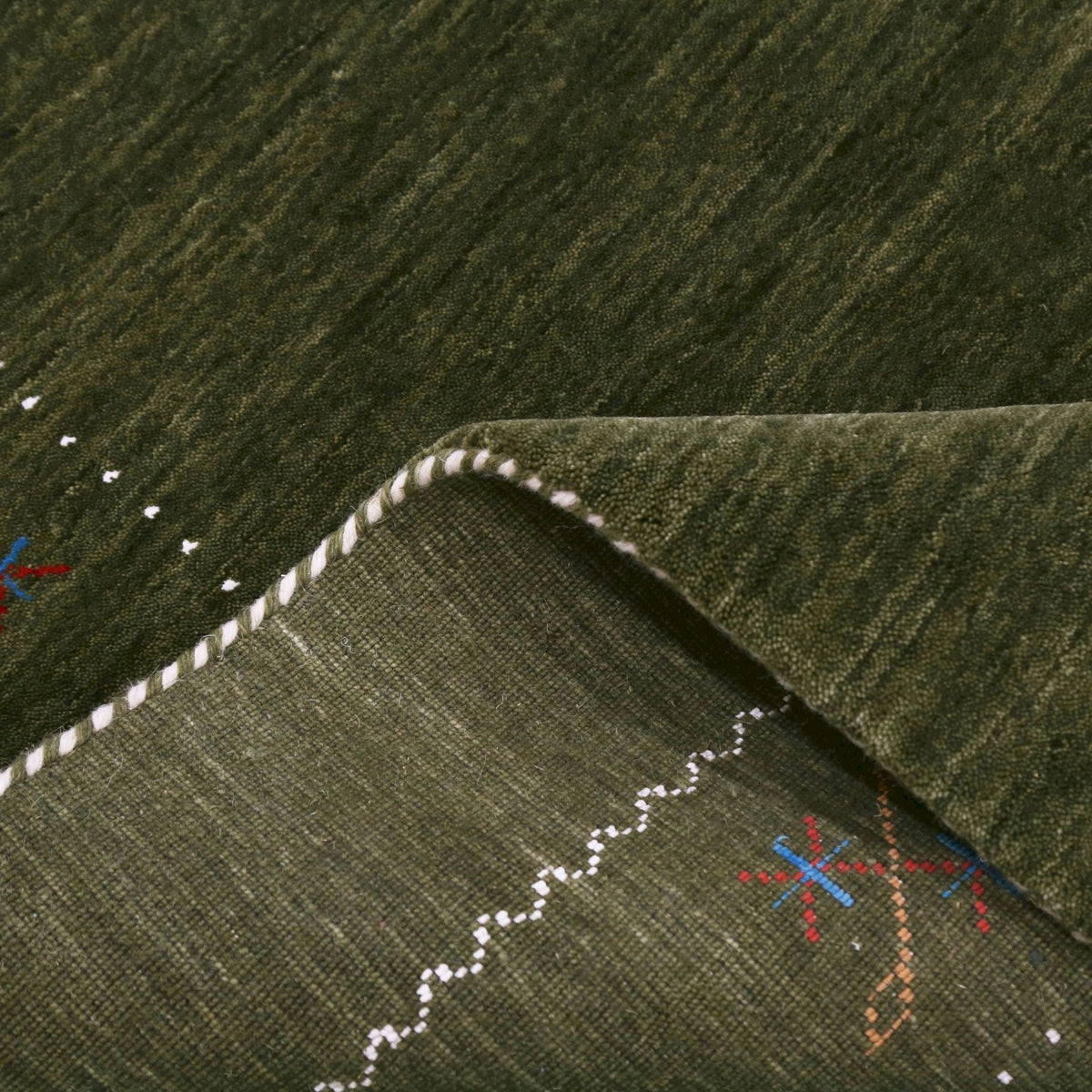 Green Modern Gabbeh Border Design Hand Loomed Wool Area Rug.