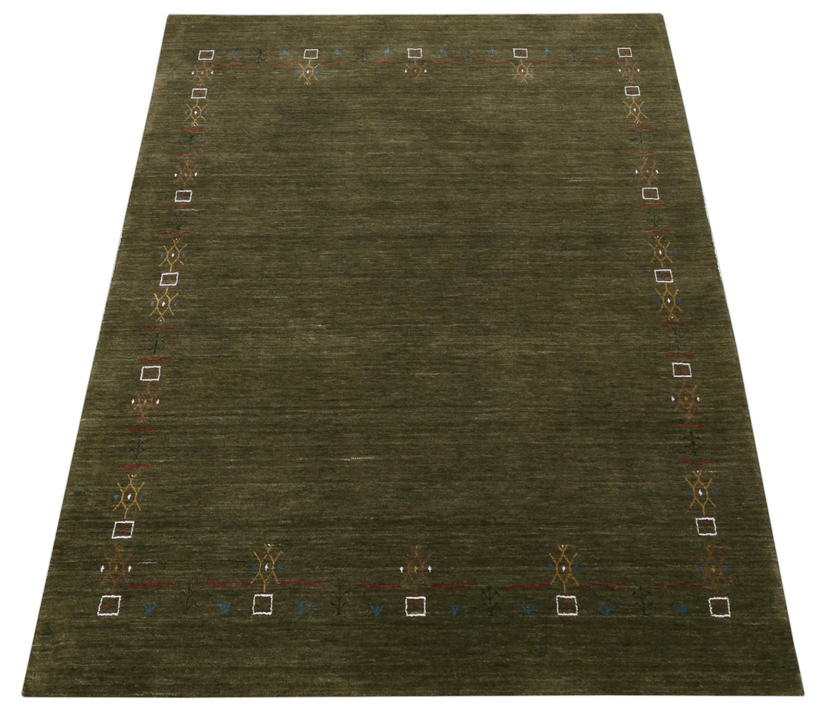 Green Tribal Border Design Hand Loomed Wool Area Rug.