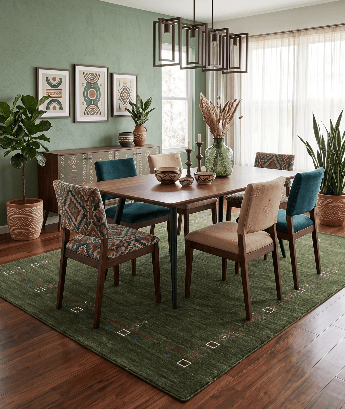 Green Tribal Border Design Hand Loomed Wool Area Rug.