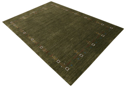 Green Tribal Border Design Hand Loomed Wool Area Rug.
