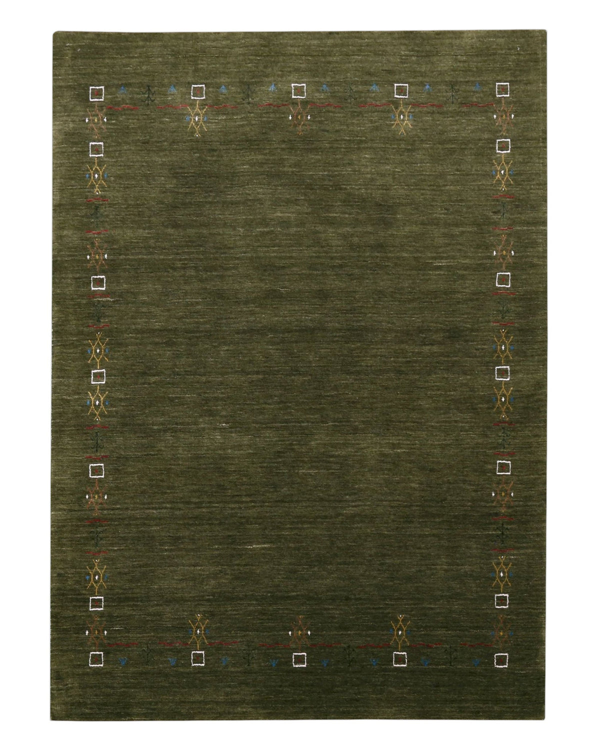 Green Tribal Border Design Hand Loomed Wool Area Rug.