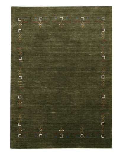 Green Tribal Border Design Hand Loomed Wool Area Rug.