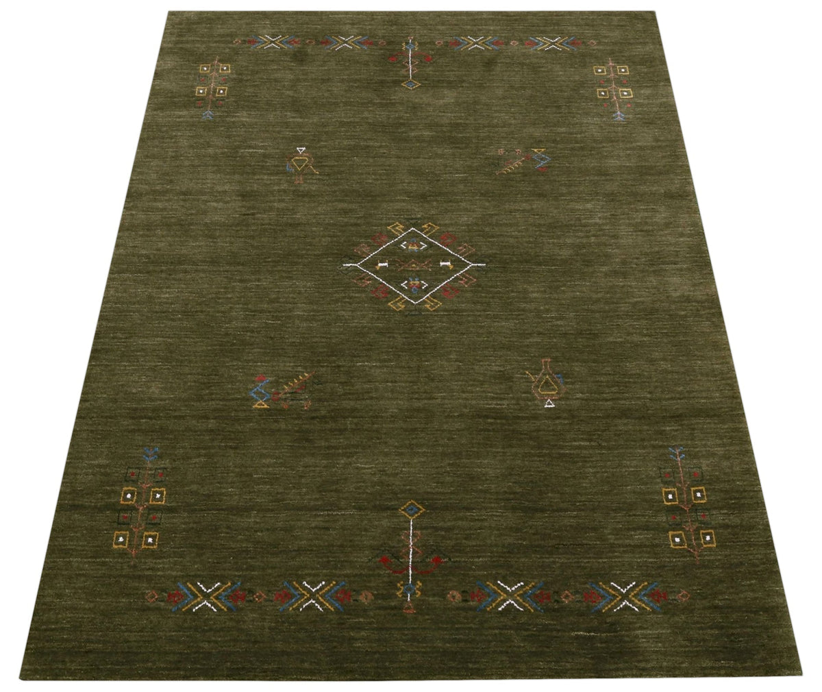 Green Tribal Center Medallion Hand Loomed Wool Area Rug.