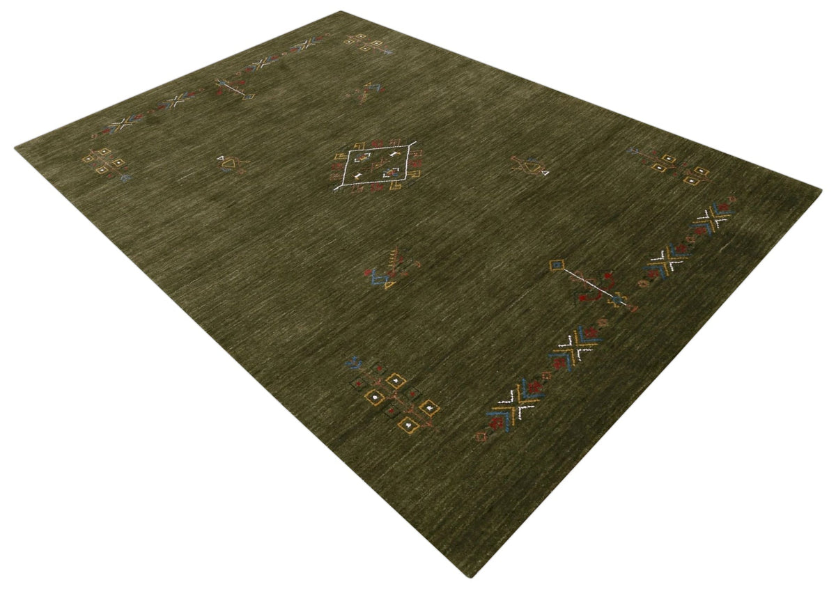 Green Tribal Center Medallion Hand Loomed Wool Area Rug.