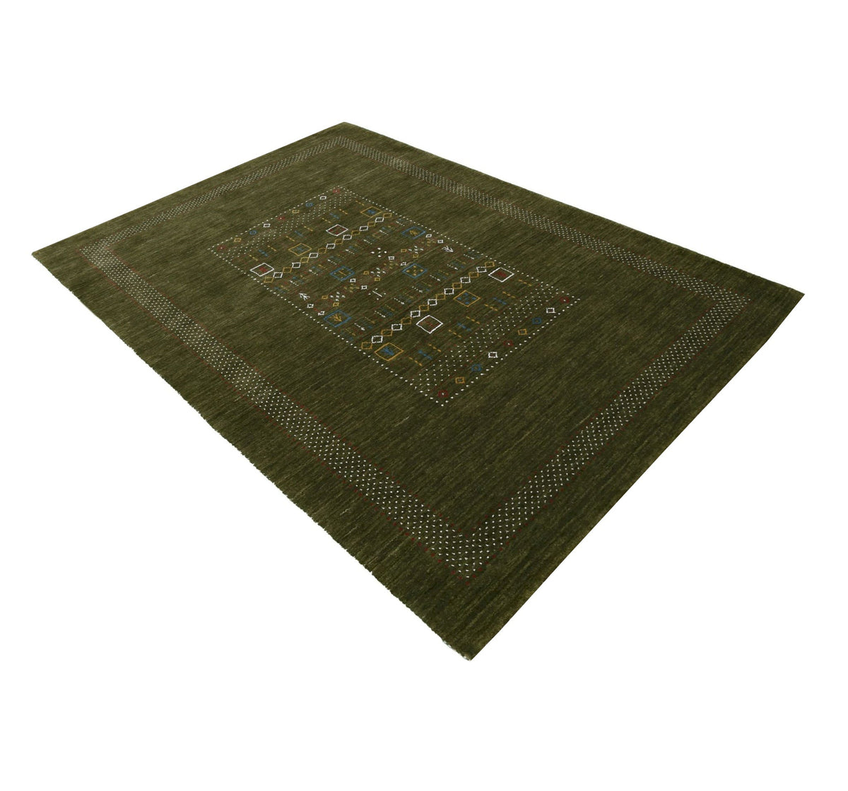 Green Tribal Center Pattern Hand Loomed Wool Area Rug.