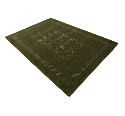 Green Tribal Center Pattern Hand Loomed Wool Area Rug.