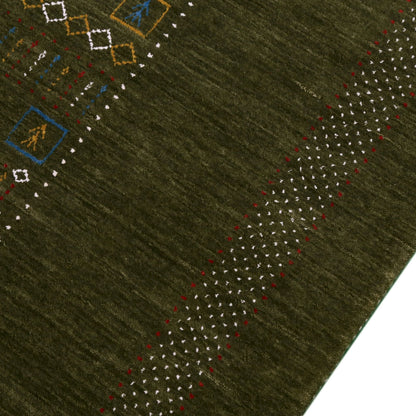 Green Tribal Center Pattern Hand Loomed Wool Area Rug.