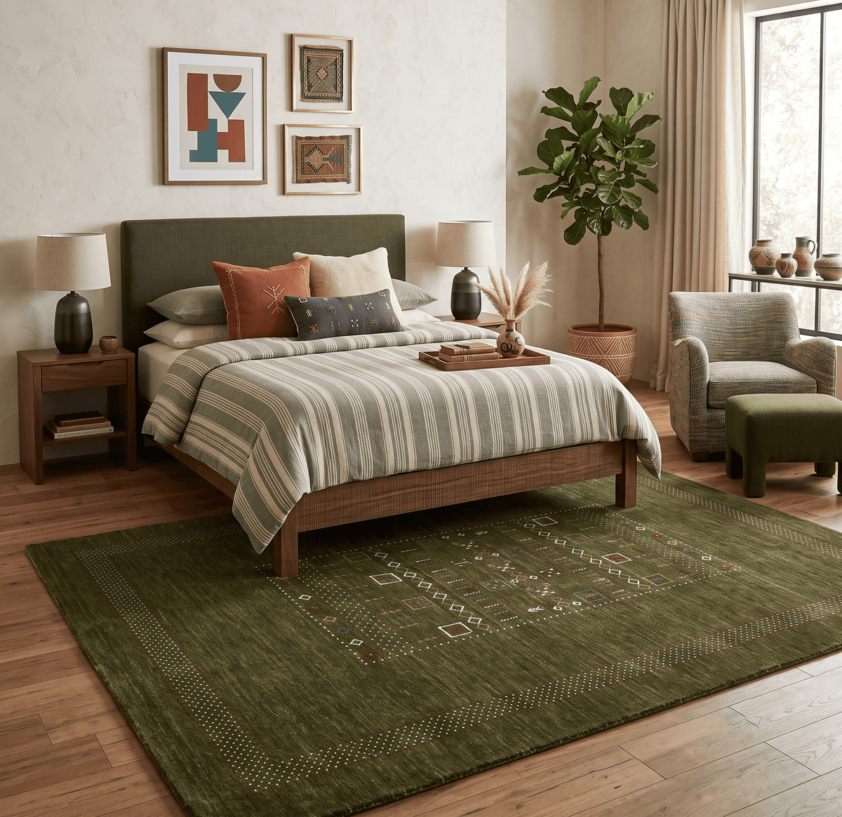 Green Tribal Center Pattern Hand Loomed Wool Area Rug.