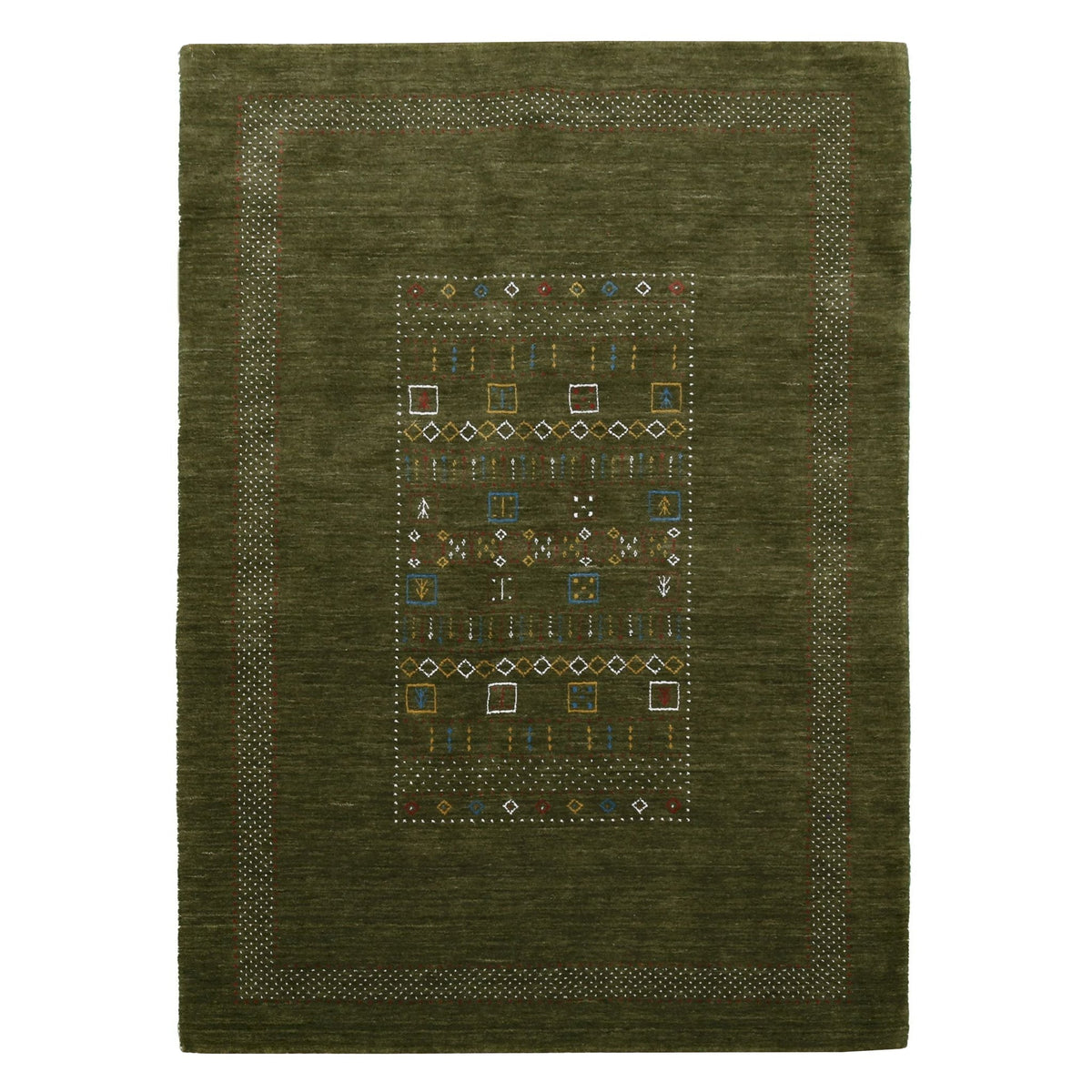 Green Tribal Center Pattern Hand Loomed Wool Area Rug.