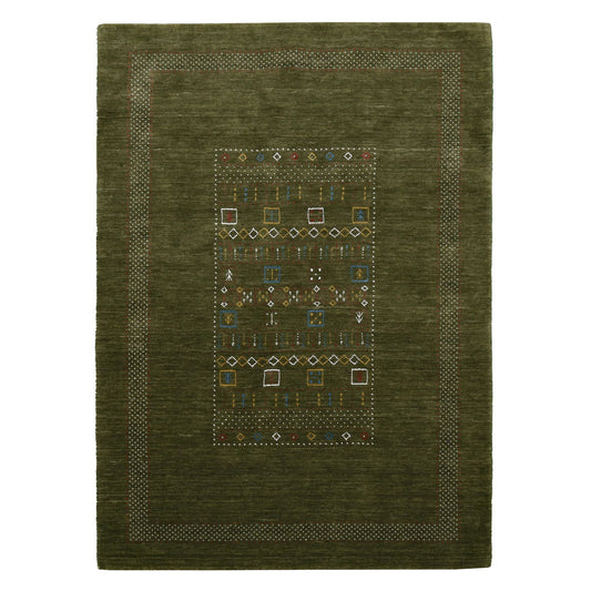 Green Tribal Center Pattern Hand Loomed Wool Area Rug.