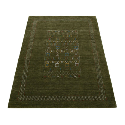 Green Tribal Center Pattern Hand Loomed Wool Area Rug.