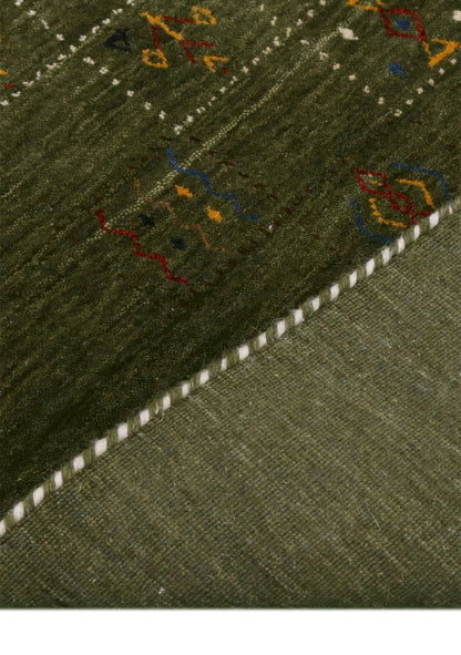Green Tribal Design Hand Loomed Wool Area Rug.