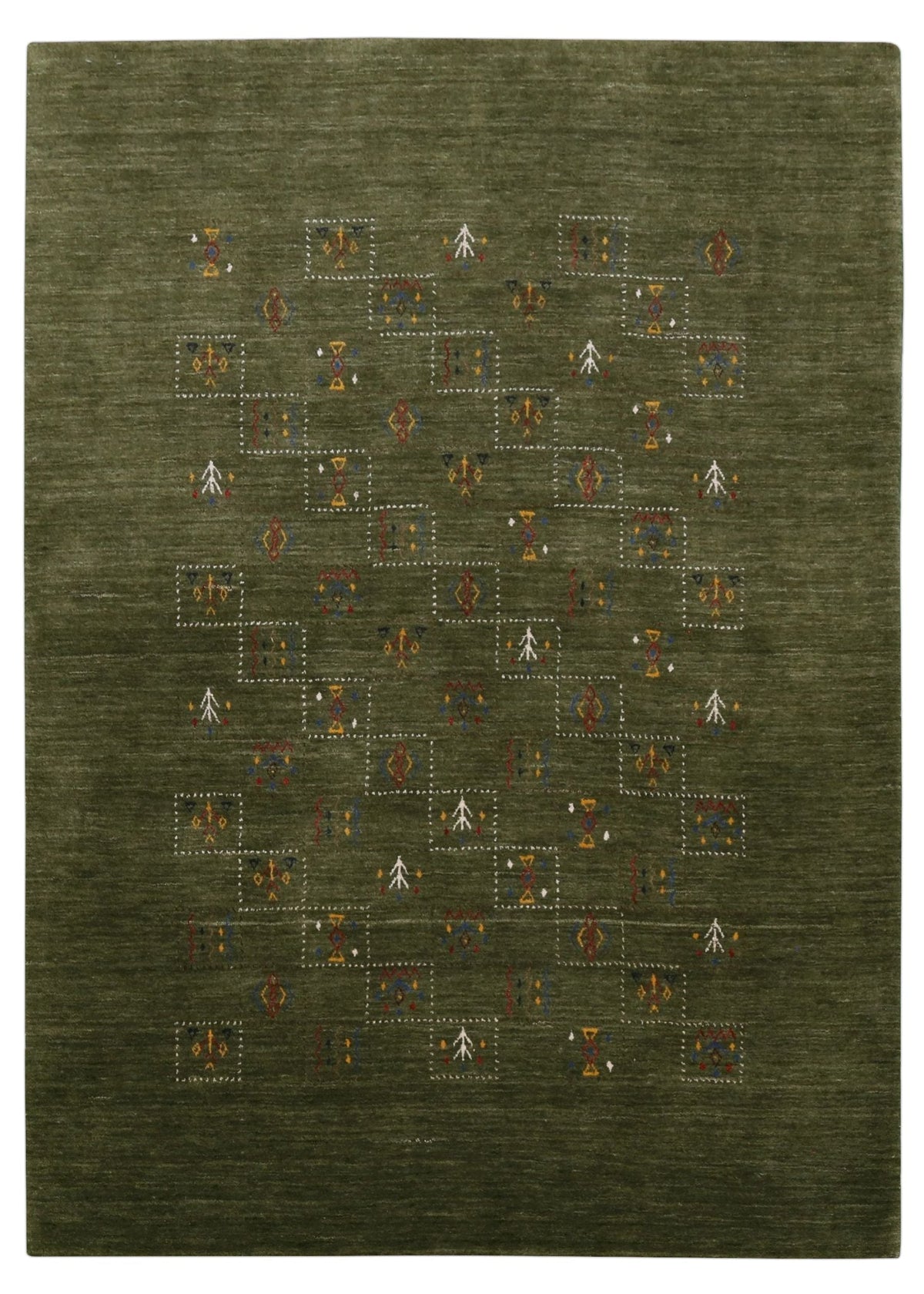 Green Tribal Design Hand Loomed Wool Area Rug.
