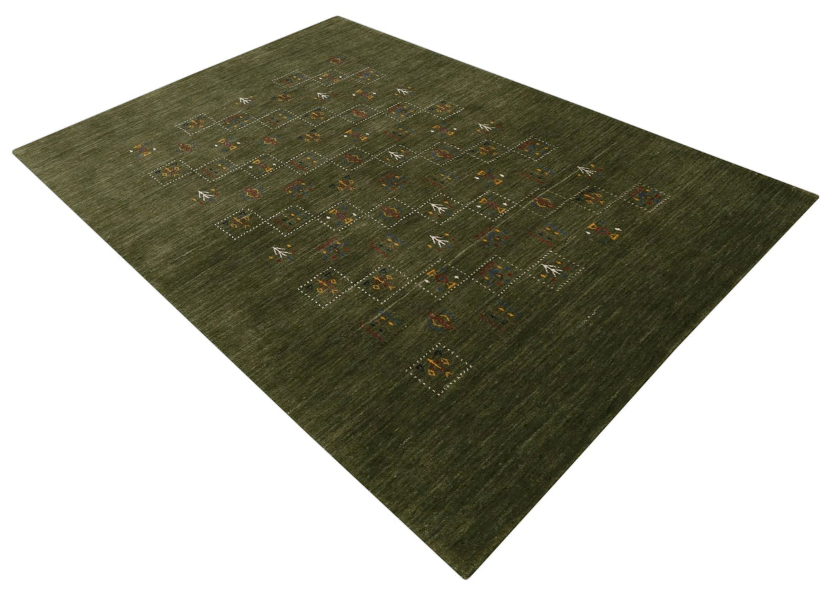 Green Tribal Design Hand Loomed Wool Area Rug.